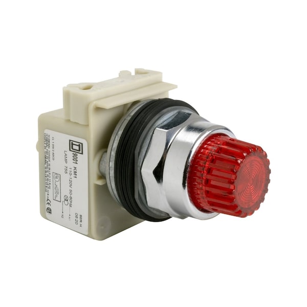 Cabeza de botón pulsador iluminado Schneider Electric, Harmony 9001K, metal, sobresaliente, rojo, 30mm, retorno por resorte, 110-120V - 9001K2L1R