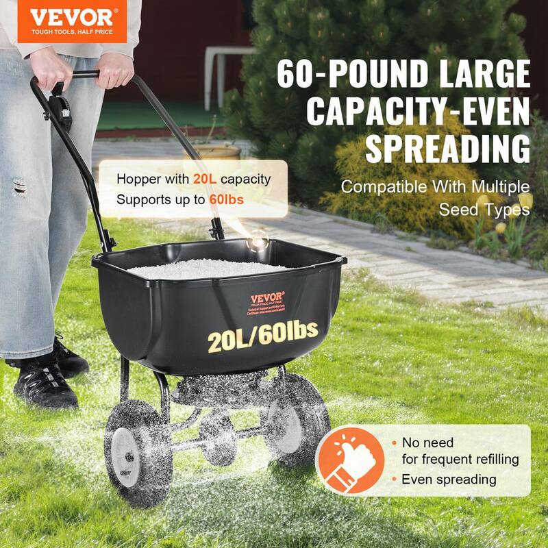 VEVOR Broadcast Spreader 60 lbs. Walk-Behind Turf Spreader with 8 in. Wheels Steel Push Fertilizer Spreader Garden Seeder - TCSBJ60LBS10UPDIBV0