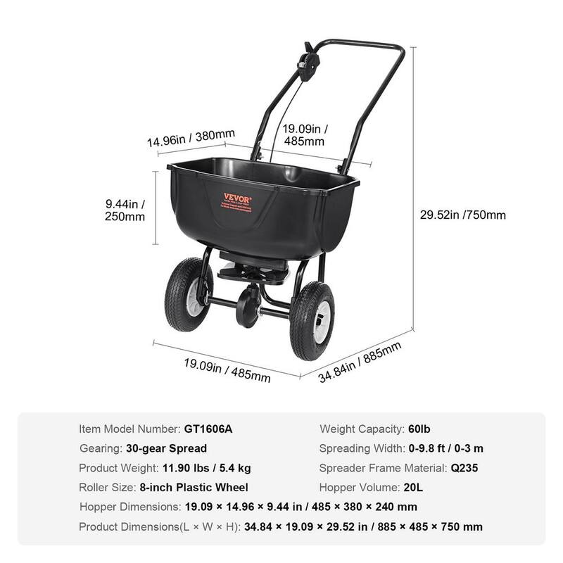 VEVOR Broadcast Spreader 60 lbs. Walk-Behind Turf Spreader with 8 in. Wheels Steel Push Fertilizer Spreader Garden Seeder - TCSBJ60LBS10UPDIBV0