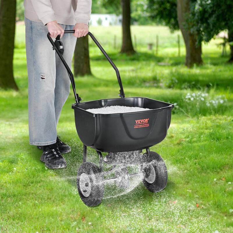 VEVOR Broadcast Spreader 60 lbs. Walk-Behind Turf Spreader with 8 in. Wheels Steel Push Fertilizer Spreader Garden Seeder - TCSBJ60LBS10UPDIBV0