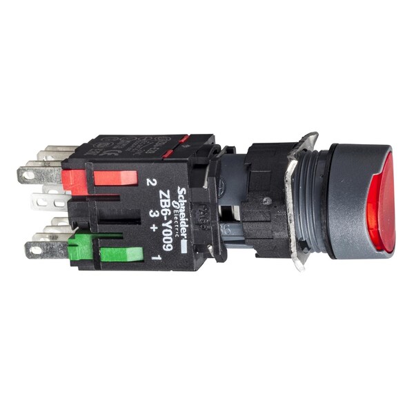Botón pulsador iluminado completo de Schneider Electric, Harmony XB6, rojo empotrado, 16mm, retorno por resorte, 1NA + 1NC, 12...24V - XB6AW4B5B