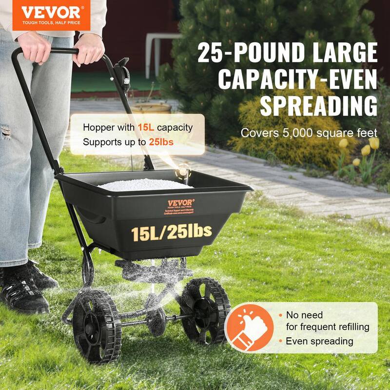 VEVOR Broadcast Spreader Salt Spreader 25 lbs. Walk-Behind Turf Spreader with 8 in. Wheels Steel Push Fertilizer Spreader - TCSBJ25LBS8Y3QYAMV02024