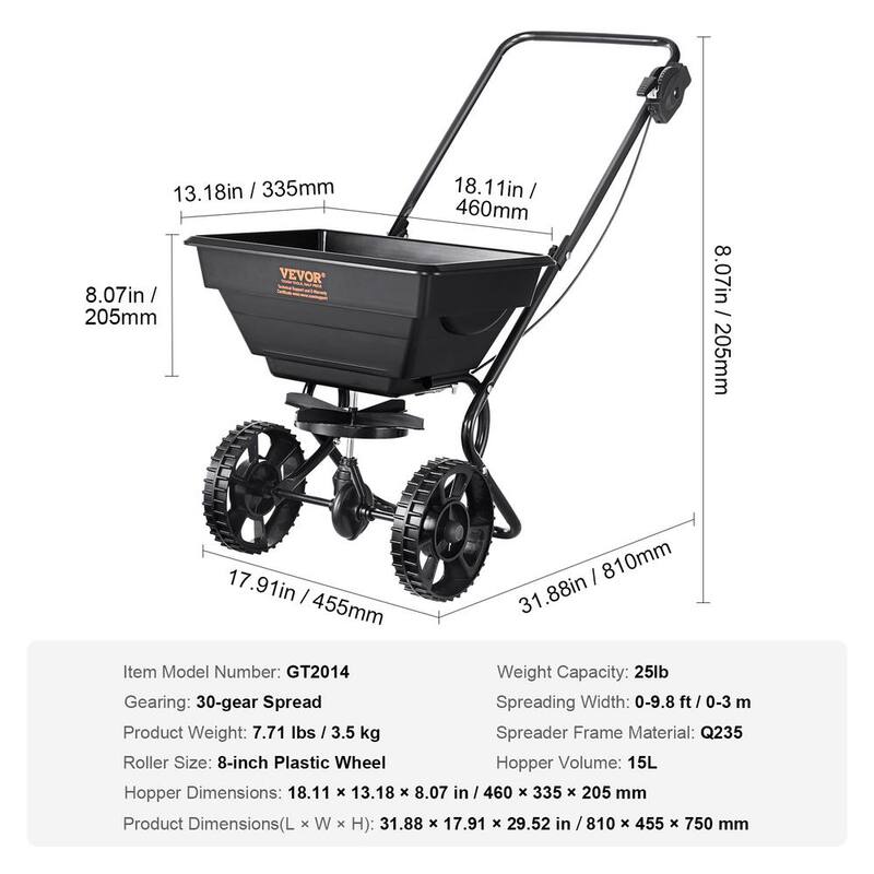 VEVOR Broadcast Spreader Salt Spreader 25 lbs. Walk-Behind Turf Spreader with 8 in. Wheels Steel Push Fertilizer Spreader - TCSBJ25LBS8Y3QYAMV02024