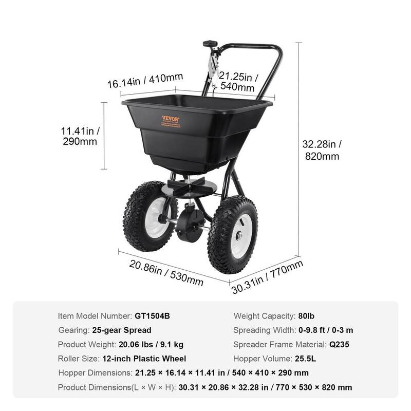 VEVOR Broadcast Spreader, 80 lb. Walk-Behind Turf Spreader with 12 in. Wheels, Steel Push Fertilizer Spreader, Black - TCSBJ80LBS125B0P1V0-0806