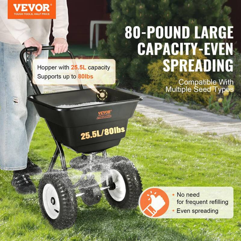 VEVOR Broadcast Spreader, 80 lb. Walk-Behind Turf Spreader with 12 in. Wheels, Steel Push Fertilizer Spreader, Black - TCSBJ80LBS125B0P1V0-0806