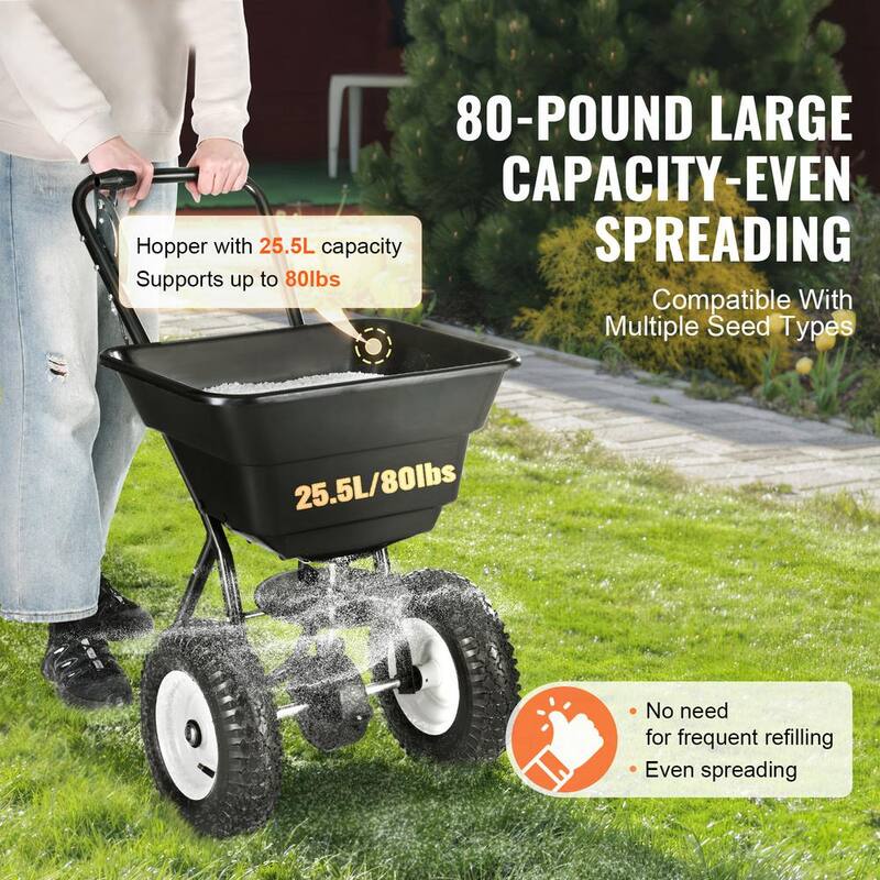 SKYSHALO Broadcast Spreader, 80 LB. Walk-Behind Turf Spreader with 12in.Wheels, Steel Push Fertilizer Spreader, Garden Seeder - TCSBJ80LBS125B0P1V0-0712
