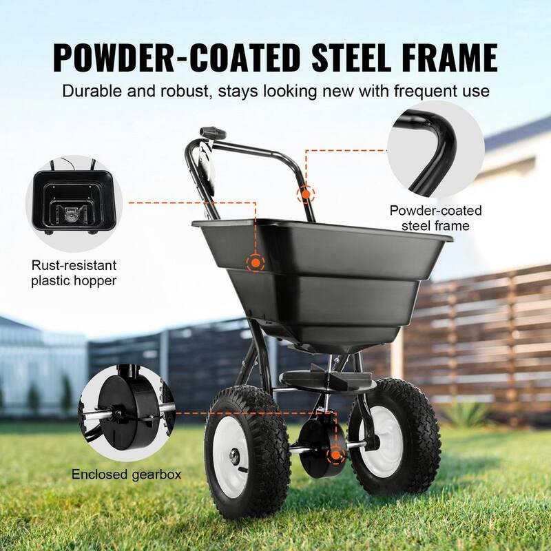 SKYSHALO Broadcast Spreader, 80 LB. Walk-Behind Turf Spreader with 12in.Wheels, Steel Push Fertilizer Spreader, Garden Seeder - TCSBJ80LBS125B0P1V0-0712