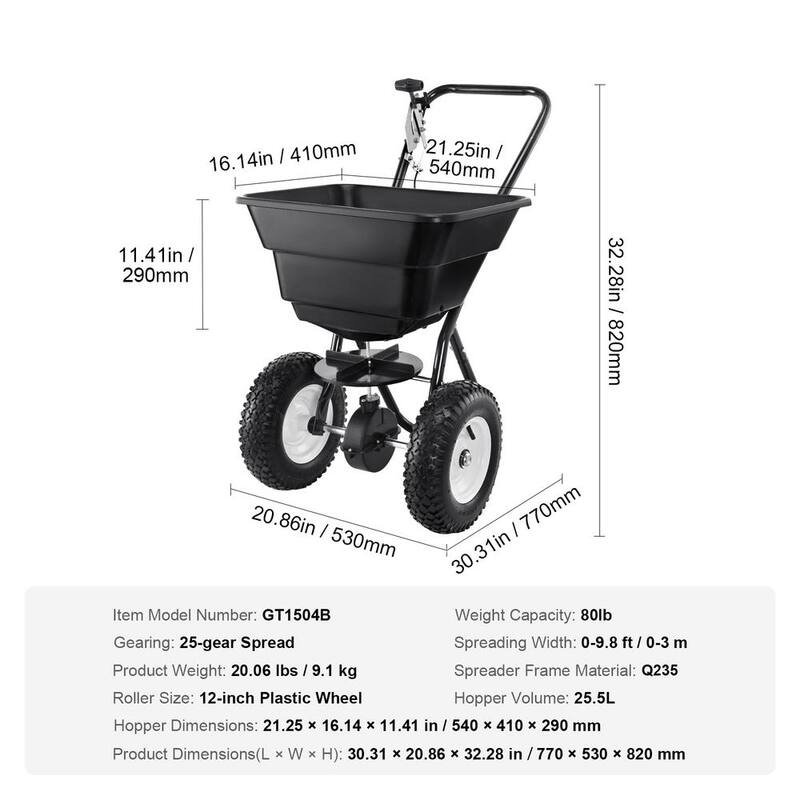 SKYSHALO Broadcast Spreader, 80 LB. Walk-Behind Turf Spreader with 12in.Wheels, Steel Push Fertilizer Spreader, Garden Seeder - TCSBJ80LBS125B0P1V0-0712