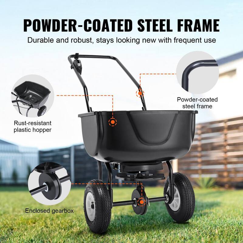 SKYSHALO Broadcast Spreader, 60 LB. Walk-Behind Turf Spreader with 8in.Wheels, Steel Push Fertilizer Spreader, Garden Seeder - TCSBJ60LBS10UPDIBV0-0712