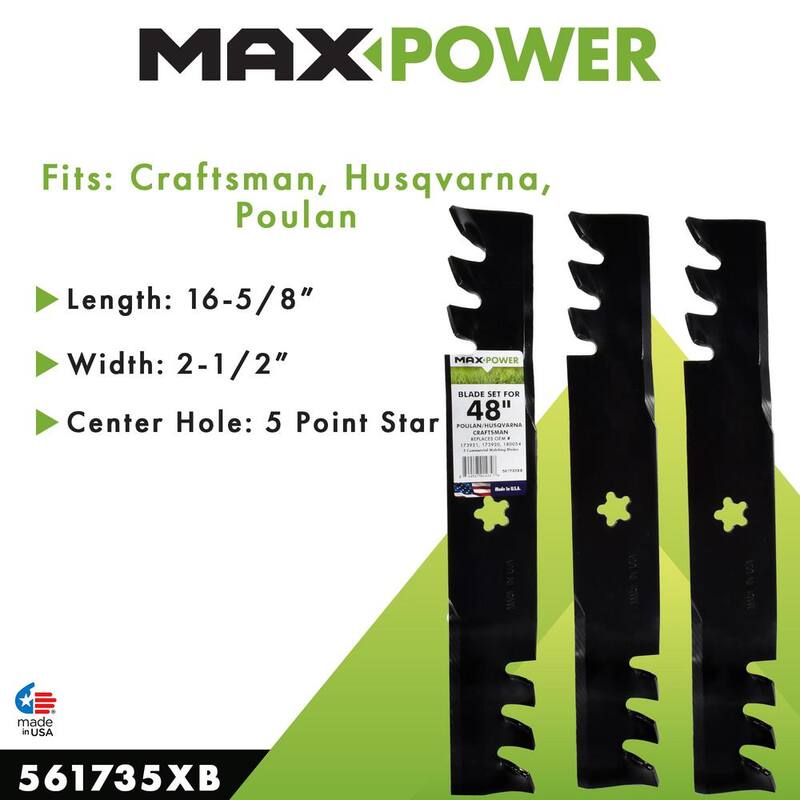 MaxPower 3 Blade Commercial Mulching Set for Many 48 in. Cut Craftsman, Husqvarna, Poulan Mowers Replaces OEM #'s 532173921 - 561735XB