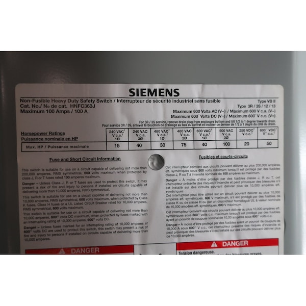 Interruptor de desconexión no fusible Siemens 3P 100A AMP 600V-AC 600V-DC - HNFC363J