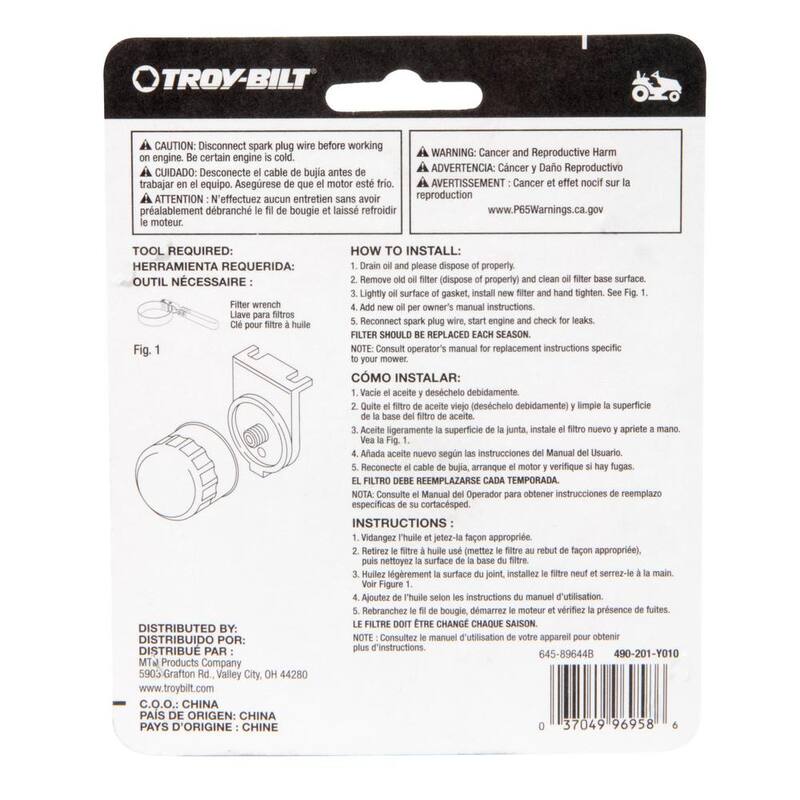 Troy-Bilt Premium Oil Filter for 382cc, 420cc, 439cc, 452cc, 547cc and 679cc OHV Engines OE# 951-12690, 751-12690 and 751-11501 - 490-201-Y010