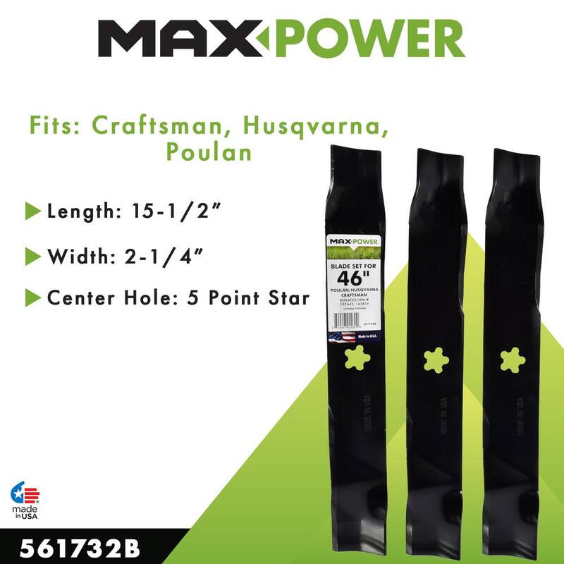 MaxPower 3 Blade Set for Many 46 in. Craftsman, Husqvarna, Poulan Mowers Replaces OEM #'s 52443, 163819, 532145708, 532152443 - 561732B