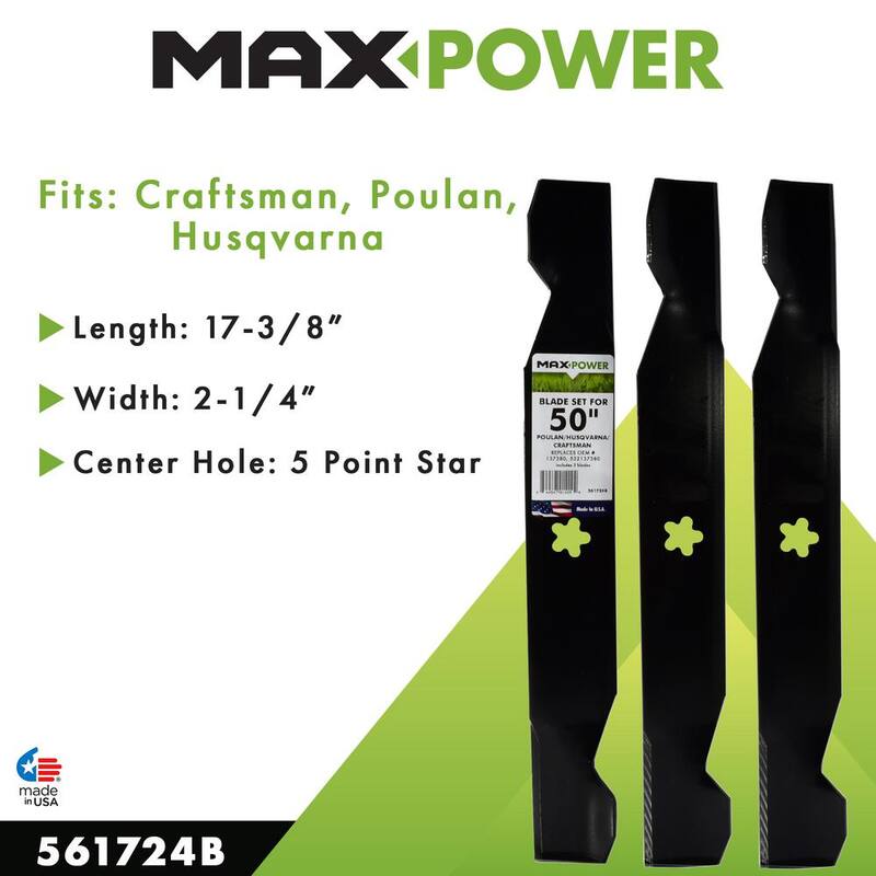 MaxPower 3 Blade Set for Many 50 in. Cut Craftsman, Husqvarna, Poulan Mowers Replaces OEM # 137380 - 561724B