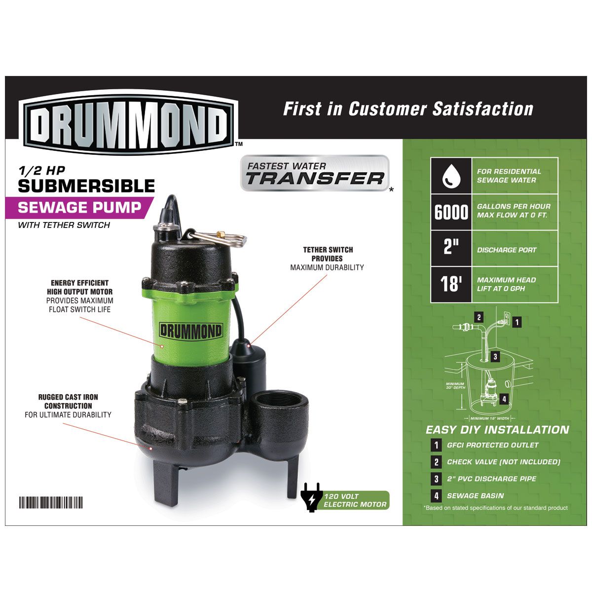 Bomba sumergible de alcantarillado Drummond de 1/2 HP con interruptor de flotador - 63323