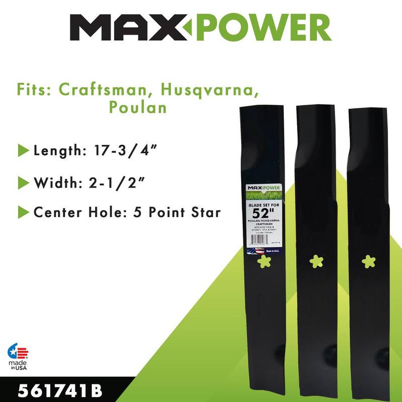 MaxPower 3 Blade Set for Many 52 in. Craftsman, Husqvarna, Poulan Mowers Replaces OEM #'s 870801, 574-870801 - 561741B