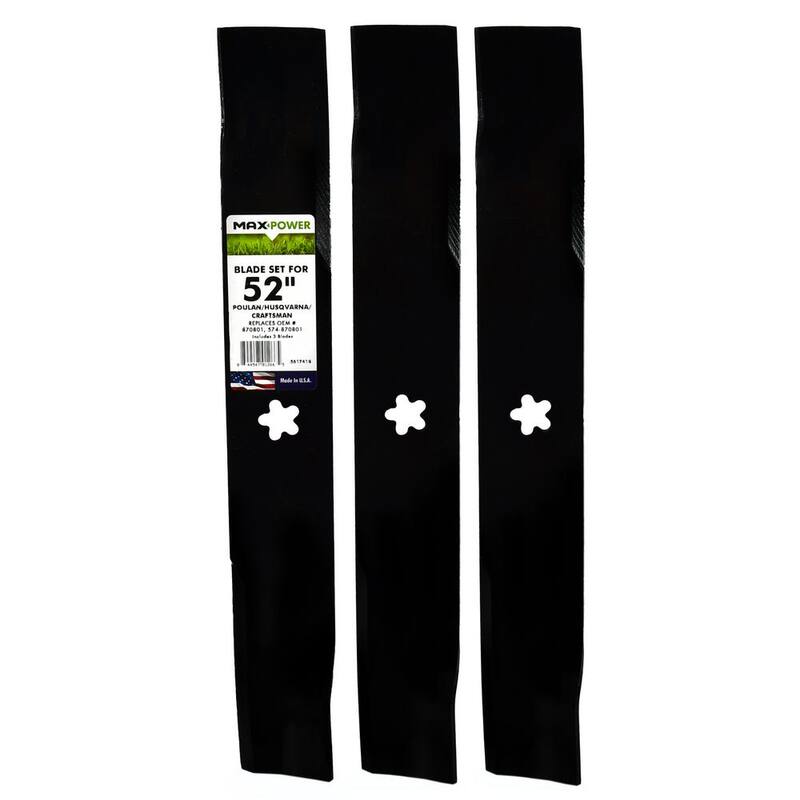 MaxPower 3 Blade Set for Many 52 in. Craftsman, Husqvarna, Poulan Mowers Replaces OEM #'s 870801, 574-870801 - 561741B