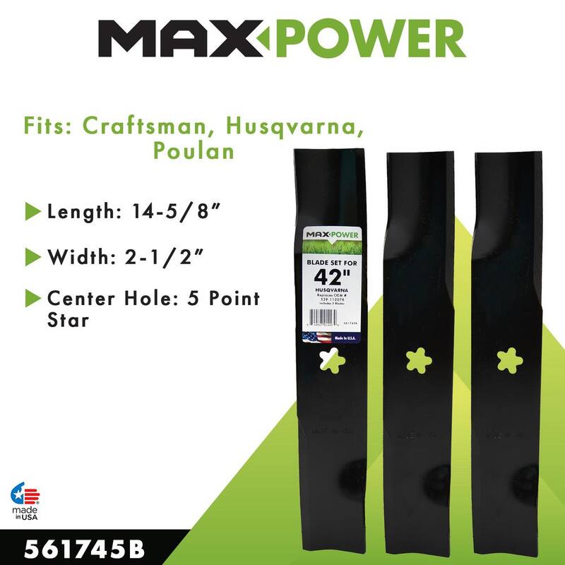 MaxPower 3 Blade Set for Many 42 in. Craftsman, Husqvarna, Poulan Mowers Replaces OEM # 539-112078 - 561745B