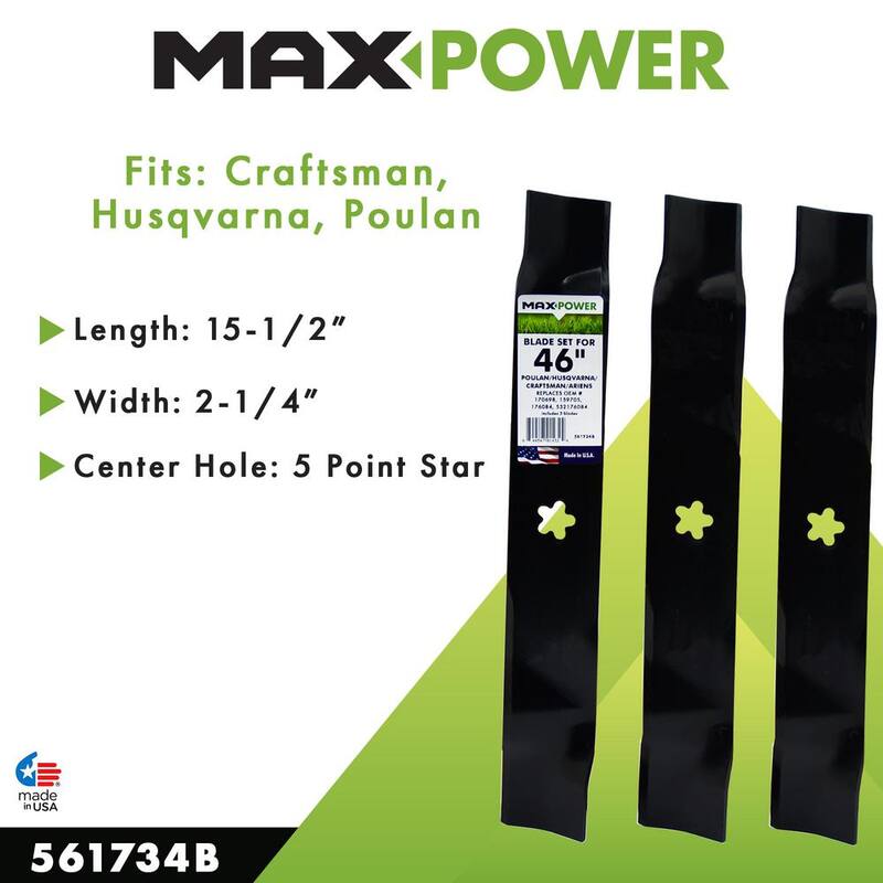 MaxPower 3 Blade Set for Many 46 in. Cut Craftsman, Husqvarna, Poulan Mowers Replaces OEM # 170698 - 561734B