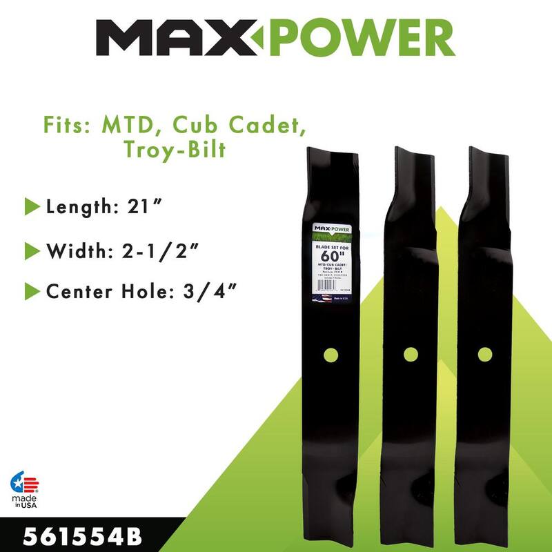 MaxPower 3 Blade Set for Many 60 in. Cut MTD Cub Cadet Troy-Bilt Mowers Replaces OEM #'s 02005019, 1005338, 94204415, 50-3046 - 561554B
