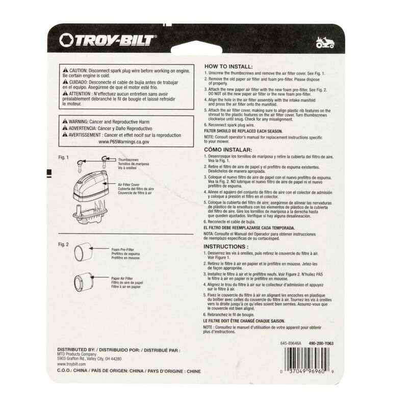 Troy-Bilt Original Equipment Air Filter for Premium 547cc OHV Engines with Pre-Filter Included OE# 937-05066 and 737-05066 - 490-200-Y063