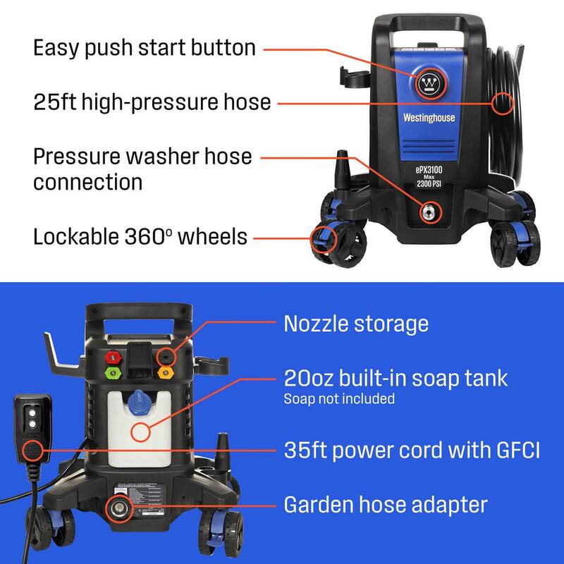 Westinghouse 2300 PSI 1.76 GPM Cold Water Electric Powered Pressure Washer with Anti-Tipping Technology and 5 Quick Connect Tips - ePX3100