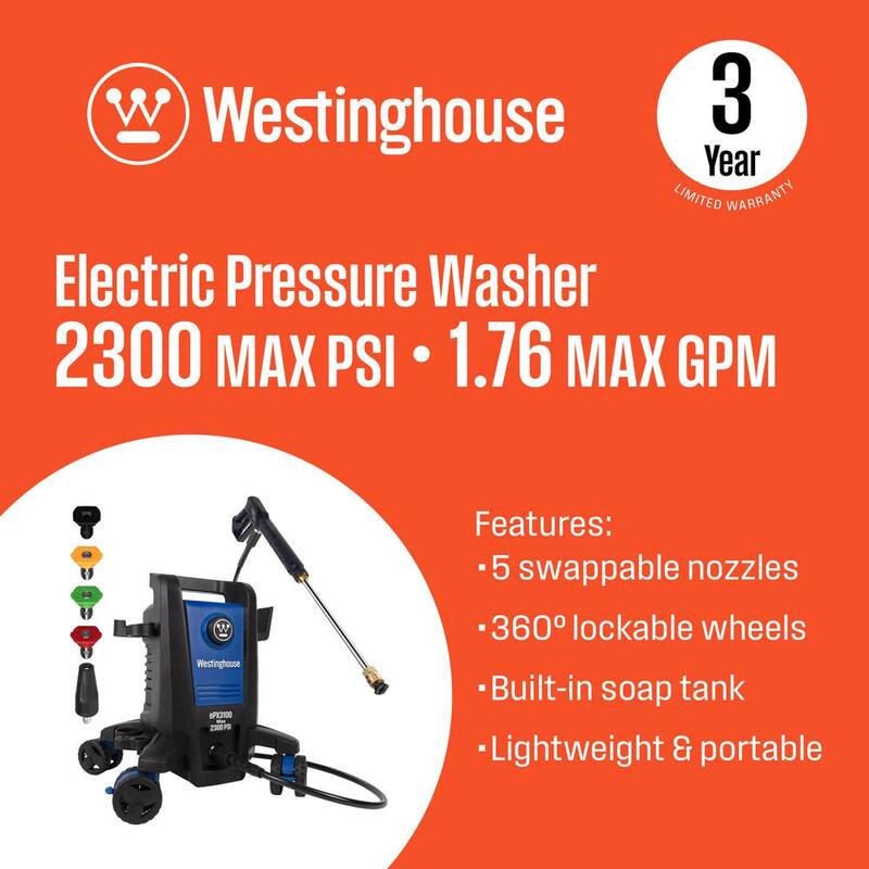 Westinghouse 2300 PSI 1.76 GPM Cold Water Electric Powered Pressure Washer with Anti-Tipping Technology and 5 Quick Connect Tips - ePX3100