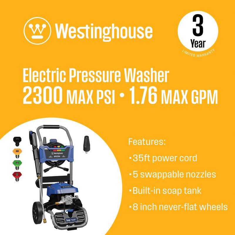 Westinghouse 2300 PSI 1.76 GPM 13 Amp Cold Water Electric Powered Pressure Washer with Turbo Nozzle and 5-Quick Connect Tips - WPX2300e