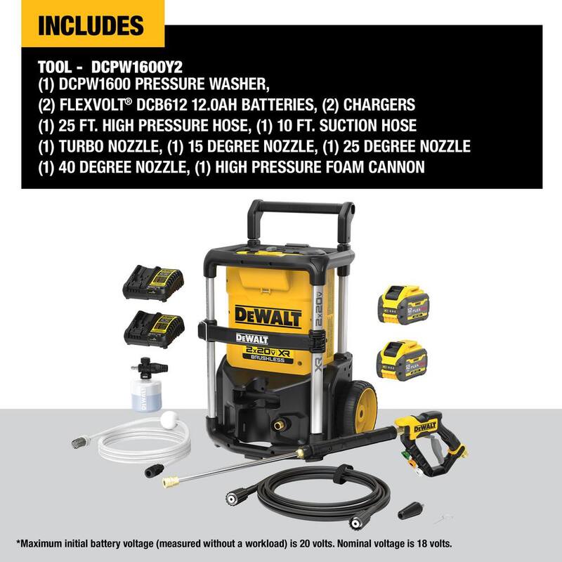 DEWALT 20V MAX 1600 PSI 1.2 GPM Cold Water Cordless Pressure Washer Kit with (2) FLEXVOLT 12 Ah Batteries and (2) Chargers - DCPW1600Y2