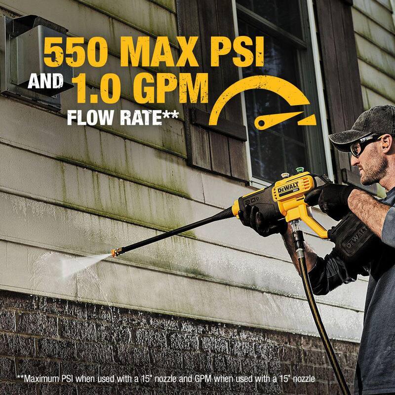 DEWALT 20V MAX 550 PSI 1.0 GPM Cold Water Cordless Battery Power Cleaner with 4 Nozzles Kit with (1) 5 Ah Battery and Charger - DCPW550P1