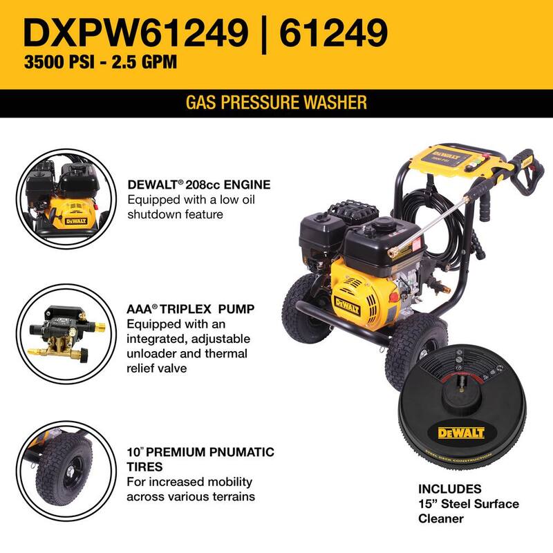 DEWALT 3500 PSI 2.5 GPM Cold Water Gas Pressure Washer with DeWalt 208cc Engine and Surface Cleaner - DXPW61249S