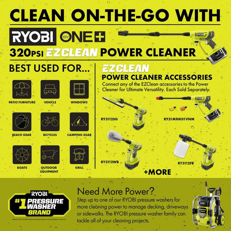RYOBI ONE+ 18V EZClean 320 PSI 0.8 GPM Cordless Cold Water Power Cleaner with Battery and Charger - RY120352K