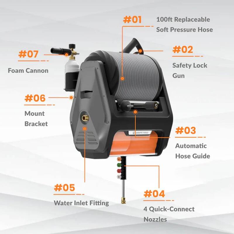 Giraffe Tools Grandfalls Pressure Washer-1/2 in. 100 ft., Ultra-Soft and Replaceable Hose, 3300 PSI, Bach Sliver - HP174-G30