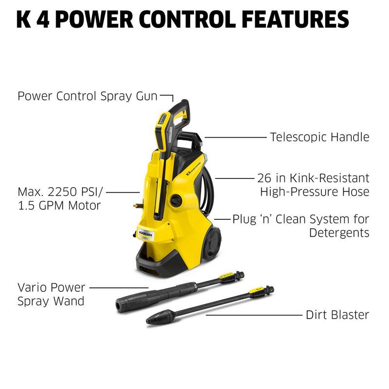 Karcher 2250 Max PSI 1.5 GPM K 4 Power Control Cold Water Corded Electric Induction Pressure Washer Vario and DirtBlaster Wands - 1.324-045.0