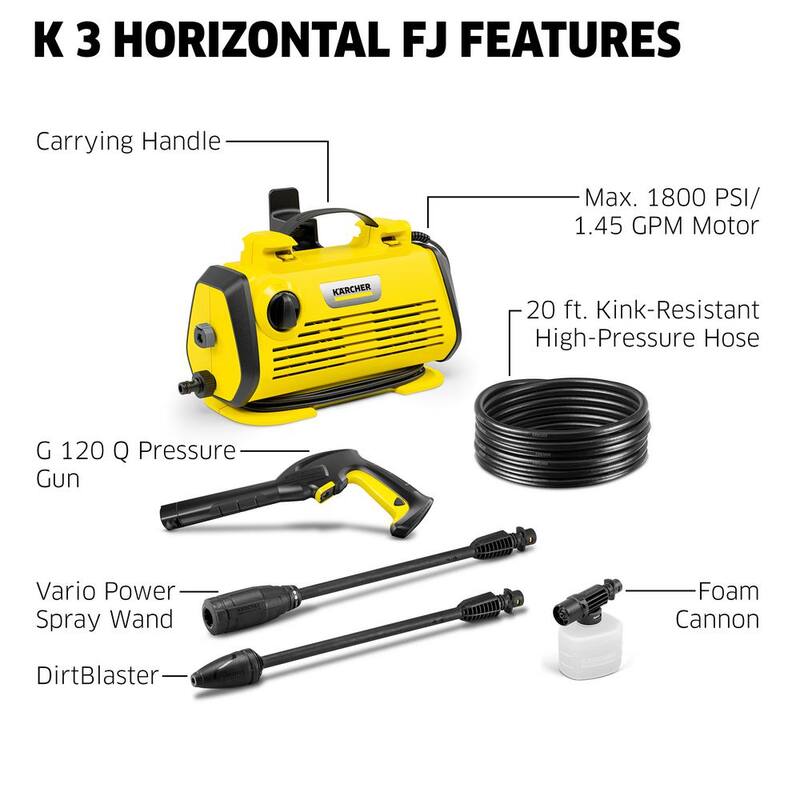 Karcher K 3-Horizontal FJ Cold Water Electric Pressure Washer, 1800 psi, 1.45 GPM, 2-Spray Wands, Foam Jet, Hose, Compact Design - 1.602-826.0
