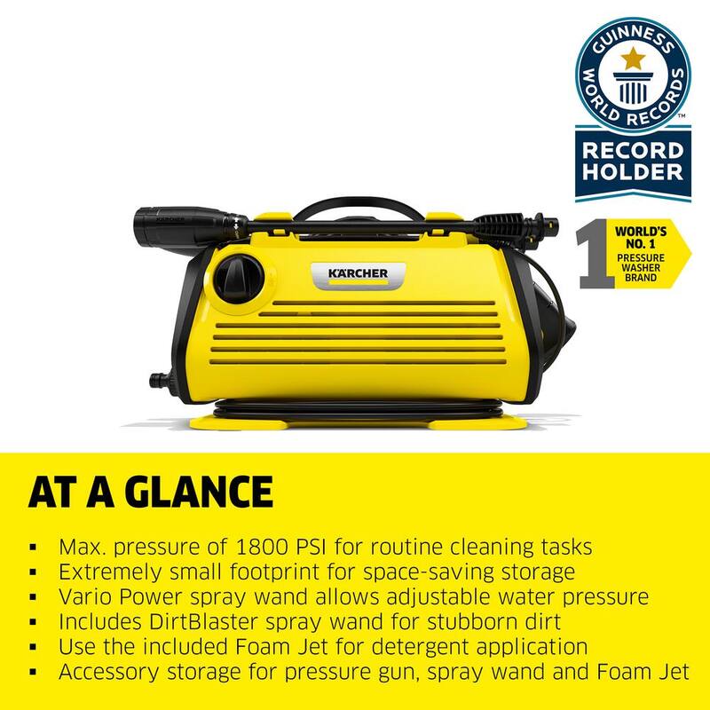 Karcher K 3-Horizontal FJ Cold Water Electric Pressure Washer, 1800 psi, 1.45 GPM, 2-Spray Wands, Foam Jet, Hose, Compact Design - 1.602-826.0