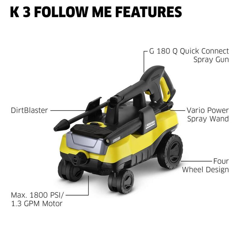Karcher 1800 PSI 1.30 GPM K 3 Follow Me Portable Electric Power Pressure Washer on Wheels with Vario & Dirtblaster Spray Wands - 1.601-990.0