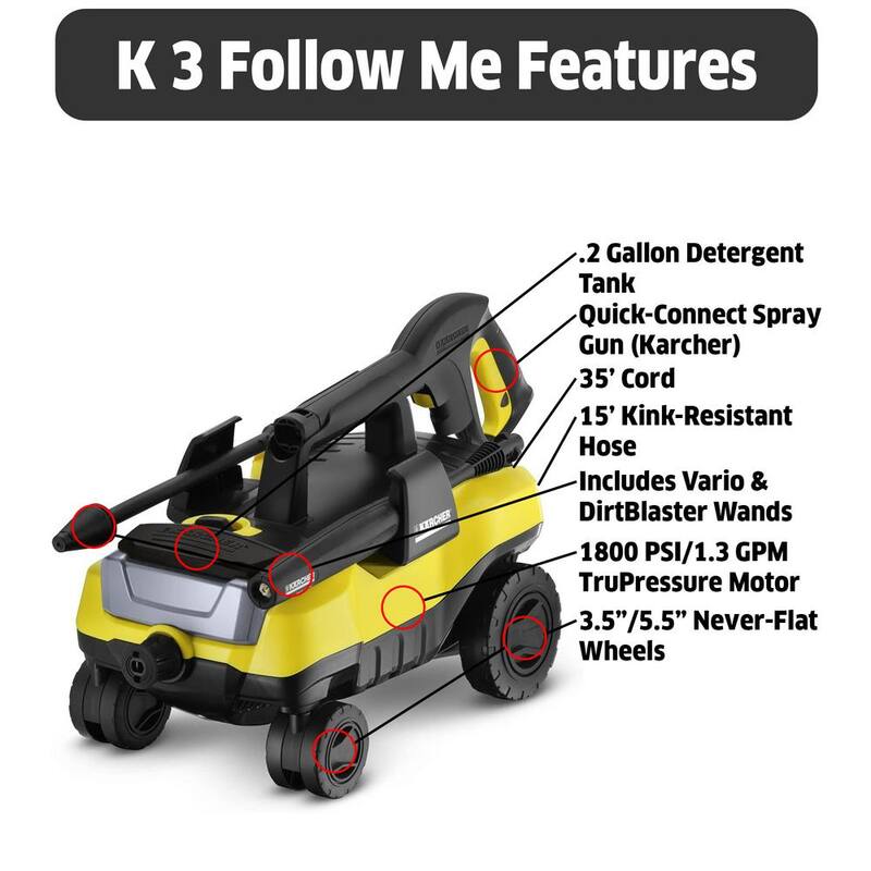 Karcher 1800 PSI 1.30 GPM K 3 Follow Me Portable Electric Power Pressure Washer on Wheels with Vario & Dirtblaster Spray Wands - 1.601-990.0