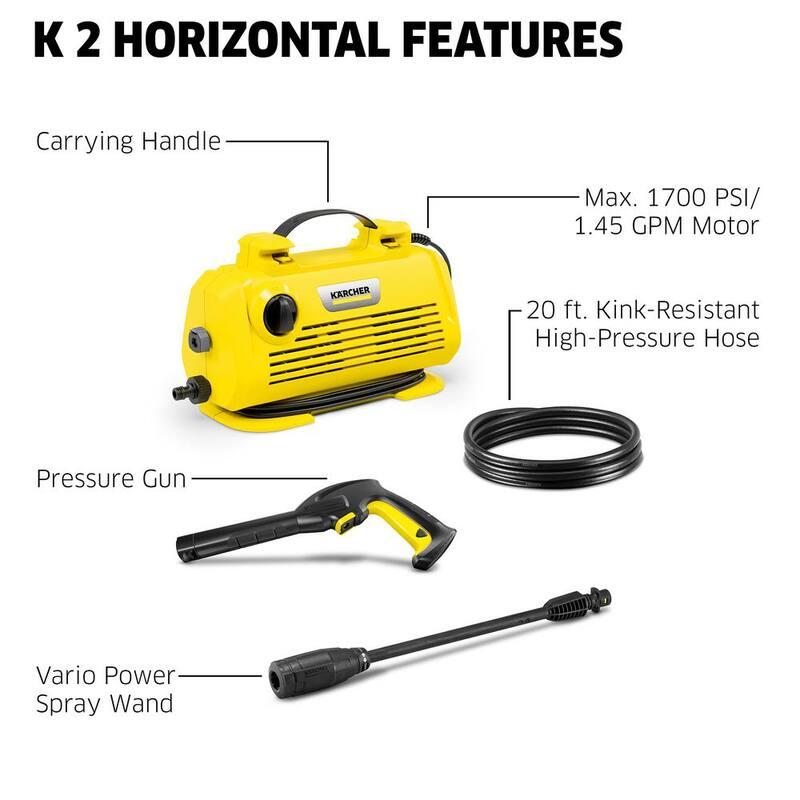 Karcher K2 Horizontal Cold Water Electric Power Pressure Washer, 1700 PSI, 1.45 GPM, 1-Spray Wand, Pressure Hose - 1.600-940.0