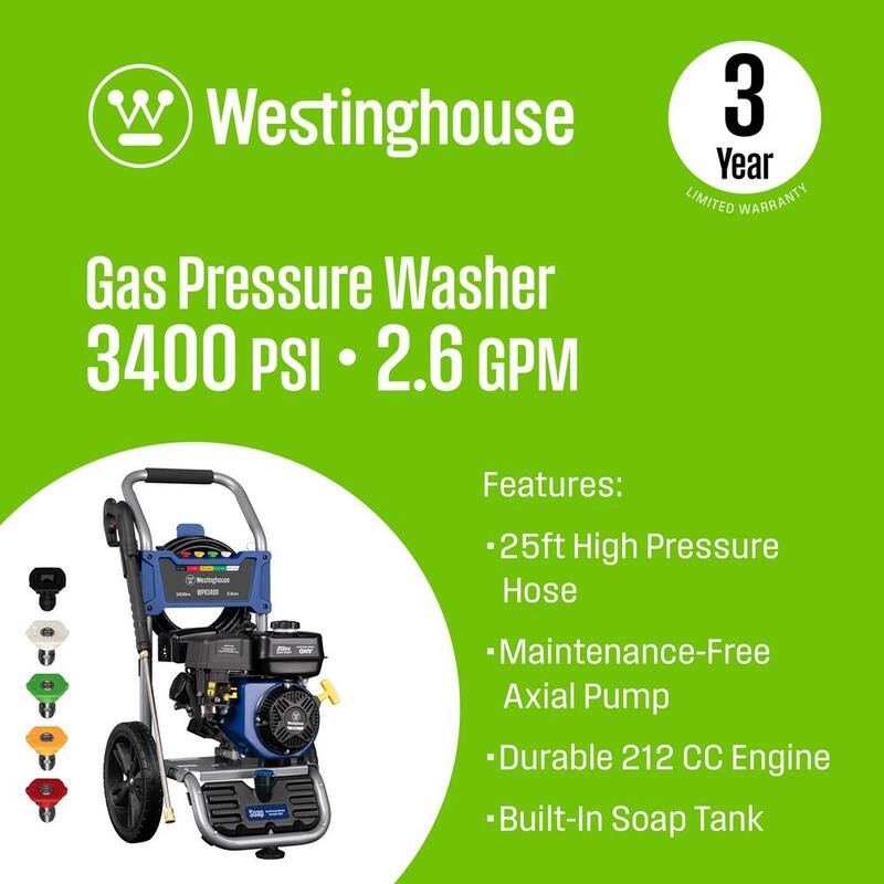 Westinghouse 3400 PSI 2.6 GPM Gas Powered Axial Cam Pump Cold Water Pressure Washer with Soap Tank and 5 Quick Connect Tips - WPX3400
