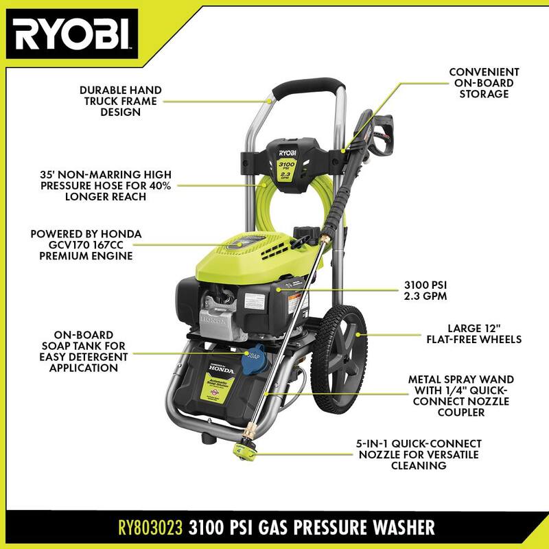 RYOBI 3100 PSI 2.3 GPM Cold Water Gas Pressure Washer with Honda GCV167 Engine - RY803023A