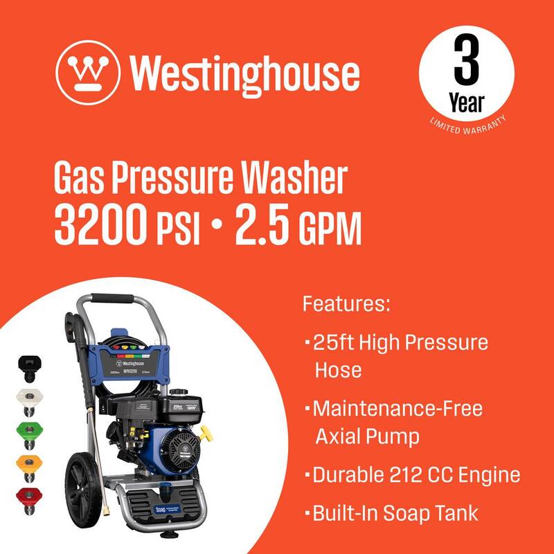Westinghouse 3200 PSI 2.5 GPM Gas Powered Axial Cam Pump Cold Water Pressure Washer with Soap Tank and 5 Quick Connect Tips - WPX3200