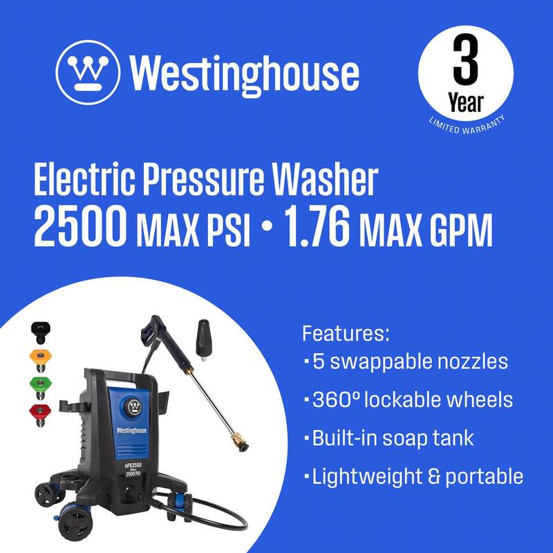 Westinghouse 2500 PSI 1.76 GPM Electric Powered Pressure Washer with Anti-Tipping Technology and 5 Quick Connect Tips - ePX3500