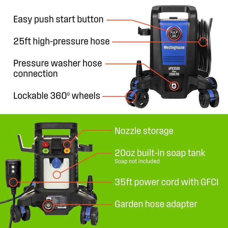 Westinghouse 2500 PSI 1.76 GPM Electric Powered Pressure Washer with Anti-Tipping Technology and 5 Quick Connect Tips - ePX3500