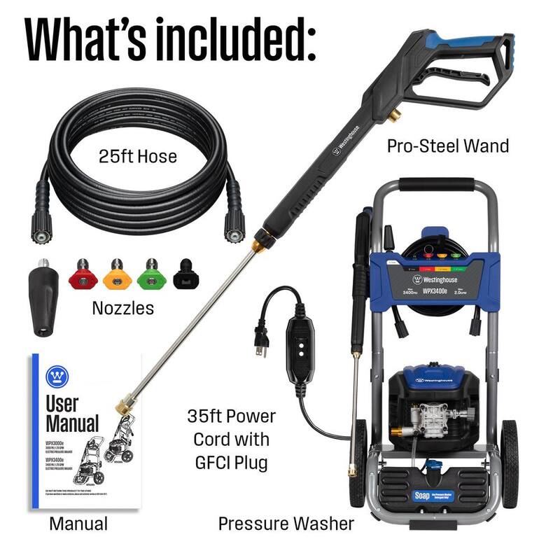 Westinghouse 3400 PSI 2 GPM 13 Amp Electric Powered Pressure Washer with Brushless Motor, Turbo Nozzle and 5 Quick Connect Tips - WPX3400e