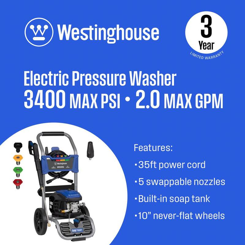 Westinghouse 3400 PSI 2 GPM 13 Amp Electric Powered Pressure Washer with Brushless Motor, Turbo Nozzle and 5 Quick Connect Tips - WPX3400e