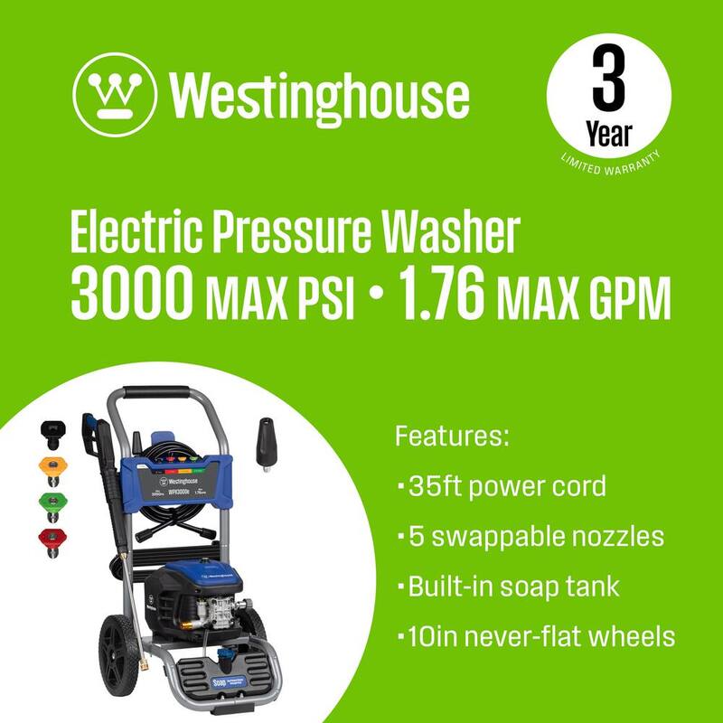 Westinghouse 3000 PSI 1.76 GPM 13 Amp Cold Water Electric Powered Pressure Washer with Turbo Nozzle and 5-Quick Connect Tips - WPX3000e