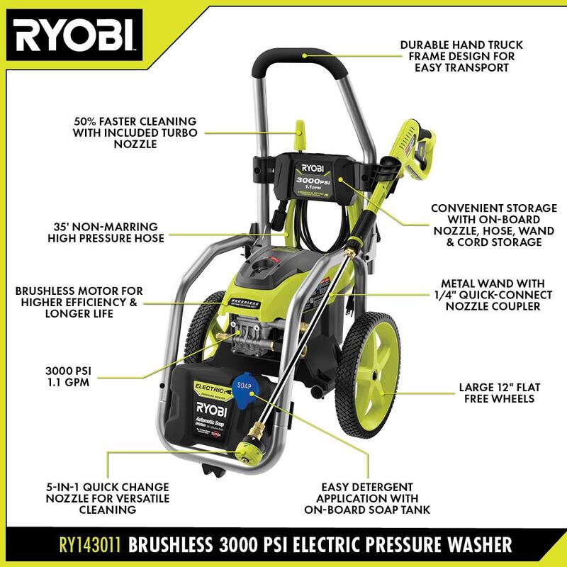 RYOBI 3000 PSI 1.1 GPM Cold Water Electric Pressure Washer and 12 in. Surface Cleaner with Caster Wheels - RY143011-SC12