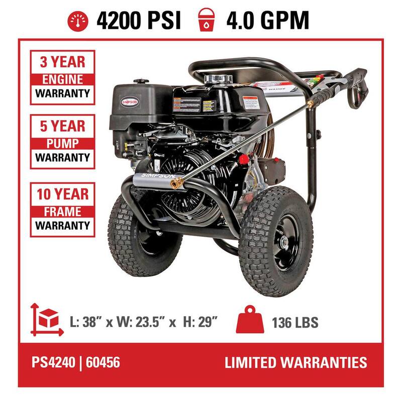 SIMPSON 4200 PSI 4.0 GPM Cold Water Gas Pressure Washer with HONDA GX390 Engine - PS4240