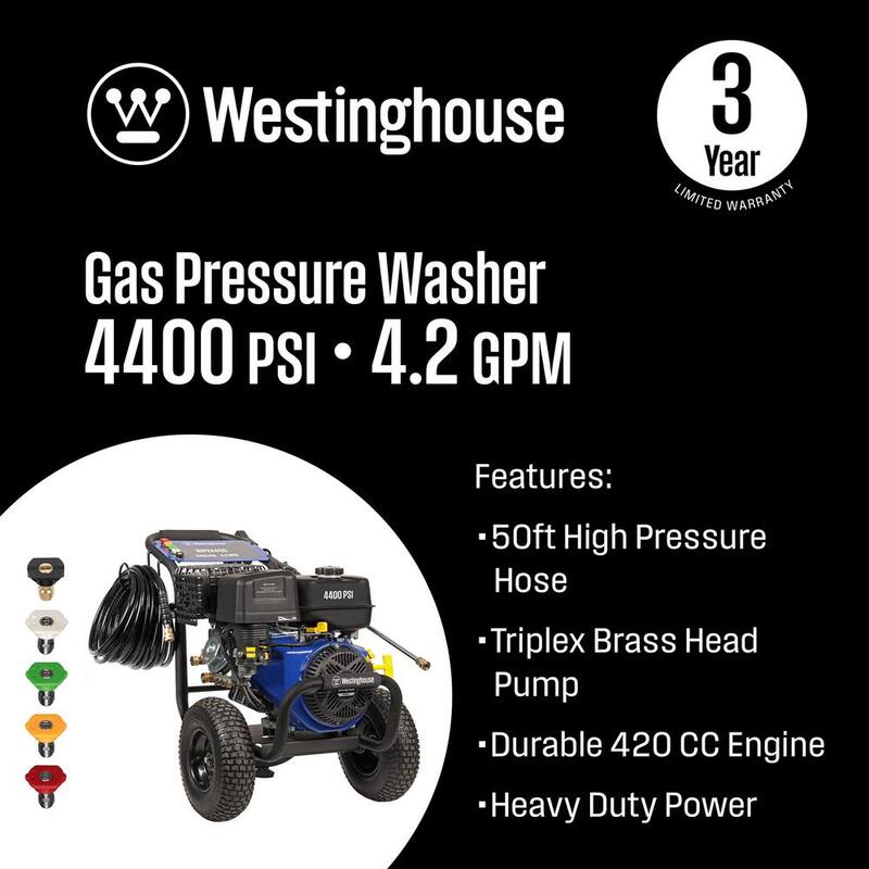 Westinghouse WPX 4400 psi 4.2 GPM 420 CC Cold Water Gas Powered Triplex Pump Pressure Washer with 5 Quick Connect Nozzles - WPX4400